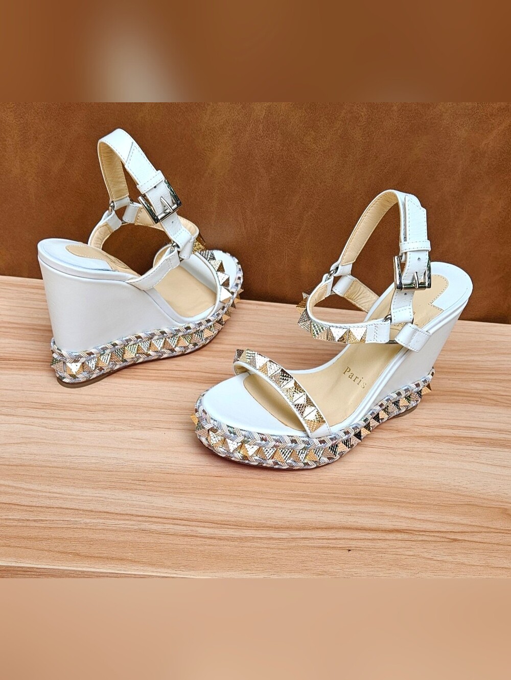 New Christian Louboutin Pyraclou Leather Starlight Platform Wedge Heels Sz 4 US